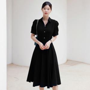 (~XXL까지) 엘라브 배색 카라 진주 플레어 원피스 여름 고퀄리티 하객룩 오피스룩 모임룩 격식룩 빅사이즈