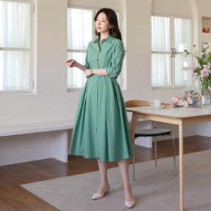 헤르마 민트 벨트 셔츠 원피스