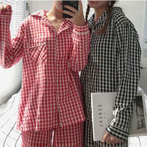 여성홈웨어 체크무늬 여성 잠옷 카라넥 파자마 신축성 셔츠형