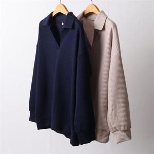 빅사이즈사랑해요 7595L201 반오픈 카라 골지 티 WW