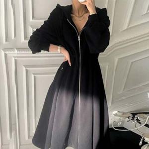 F64107 2컬러 밴딩 앞지퍼 롱 후드원피스