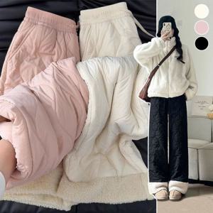 여성 겨울바지 기모 퍼 허리밴딩 와이드팬츠 방한바지