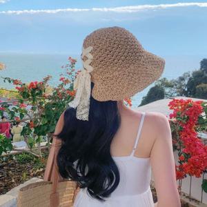 여성 휴양지 밀짚모자 라피아햇 비치캡 레이스 리본