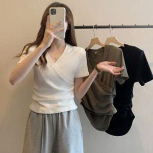 여자티셔츠 여자 무지 티셔츠 브이넥 셔링 면 모달 기본 반