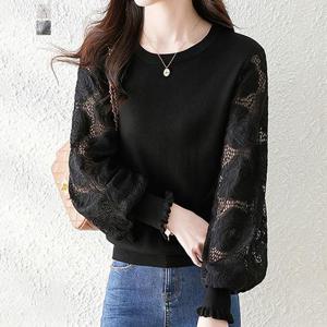 [퀸이즈] 로트 레이스 시스루 소매 니트 티셔츠