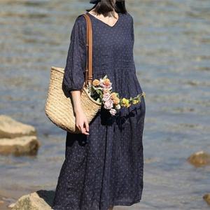 [패션시그널] 레이스브이넥 네이비 7부소매 롱원피스 3B3FCC