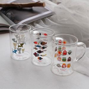 주방 컵 귀여운 동물 가족 프린팅 내열 유리 커피 물컵 2p세트