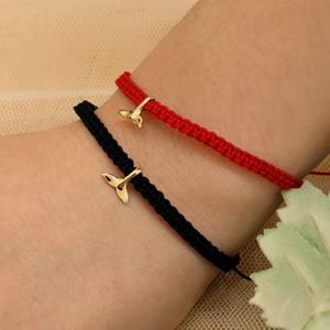 14K 골드 행운의 고래 꼬리 스트링 팔찌 매듭 끈 길이조절