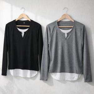 여성 레이어드 트임넥 골지 티셔츠 긴팔 배색 기본 데일리티
