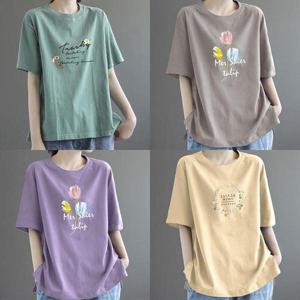 여성 데일리 플라워 레터링 반팔티 루즈티 중년 여름 WFHADP4