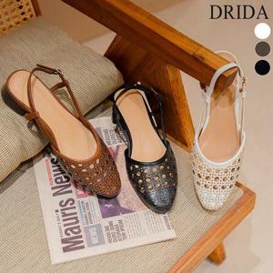 [드리다]여자 여름 가죽 짜임 샌들 미들 힐 슬링백 구두 화이트 블랙