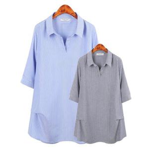 [허밍퍼플]여성용 2892-레이디 ST 오픈 카라 빅사이즈 여름 신상 셔츠 남방 셔링 스트라이프 여성의류