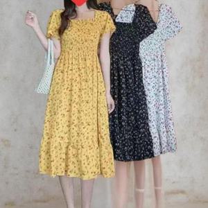 [옷자락]여성 여름 스모크 밴딩 플로럴 반팔 쉬폰 롱 드레스