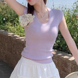 여성 캡소매 니트탑 라운드넥 여름 코디룩 WFKMHG5