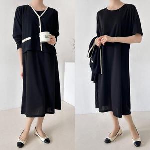 [허밍퍼플]여성용 3629 S 반팔 원피스 가디건 세트 간절기 봄 신상 얇은 소재 단아한 블랙 검정 여성의류