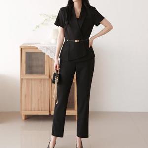 [페이릿] [~88까지][자켓+팬츠+벨트set]히키 벨티드 반팔 셋업 여자 정장세트