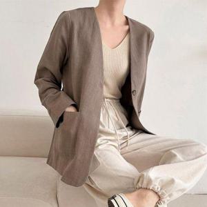 [삐까삐까]여성 봄 여름 긴팔 자켓 린넨 마 싱글버튼 노카라 브이넥 롱 자켓