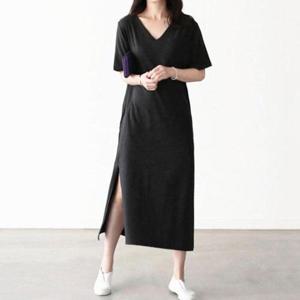 밑단절개 브이넥 롱원피스 신축성 포켓 트임 홈원피스 WEE9294