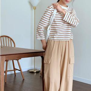 [옷자락] 여성 단가라 자수 크롭 7부 가을 얇은 맨투맨 티셔츠