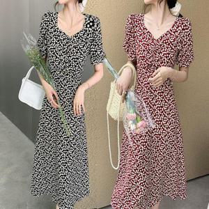 여자 앵두 패턴 여름 시원한 어깨 퍼프 반팔 롱원피스