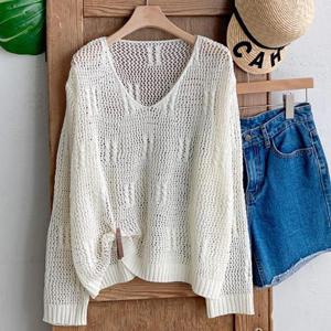 여성 U넥 그물 망사 긴팔 니트 티셔츠 DGB-WKN-4461-아이보리