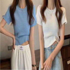 여자 라운드넥 슬림핏 골지 반팔 니트 크롭 반팔 티 WC2E870