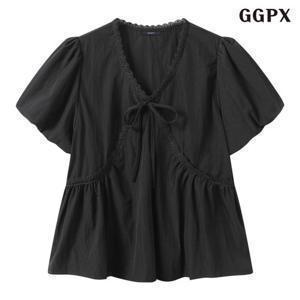 리본 포인트 브이넥 소매 벌룬 반팔 블라우스 (GQBBA003D)