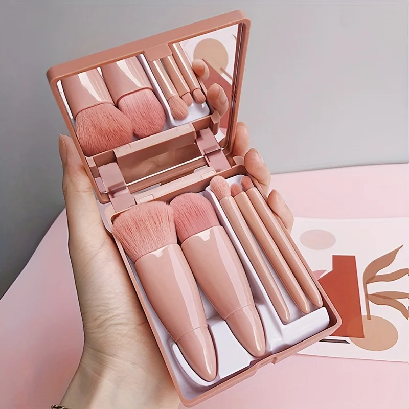 5Pcs 휴대용 메이크업 브러쉬 세트 거울 - 접이식 여행 키트, 미니 메이크업 브러쉬 세트 여행 메이크업 브러쉬 세트