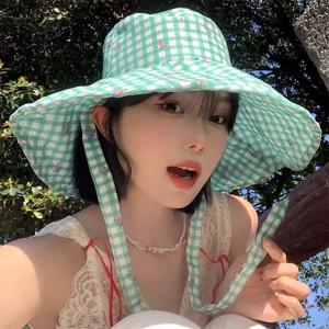 플래드 플로럴 얇은 밴드 벙거지 모자 여름 신선한 느낌 자외선 차단 썬햇 넓은 챙 얼굴 작아보이는 효과 패션 햇빛 가리개