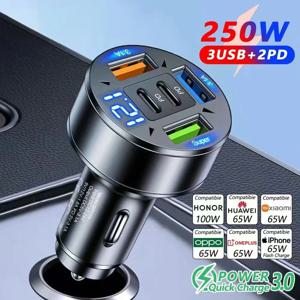 250W 5-in-1 PD QC3.0 차량용 충전기 아이폰, 삼성 갤럭시, 아이패드 프로용 고속 충전 USB C, 멀티 포트 시가 라이터 어댑터