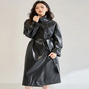 디올 여성용 롱 왁스 레더 재킷 가을 겨울 신상품 다용도 고품질 우아한 출퇴근 스타일 루즈핏 PU 가죽