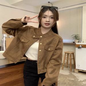 2026 봄 패션 스웨이드 가죽 재킷 여성용 초시즌 스몰 사이즈 숏 코트 탑 하프 하이 칼라 싱글 버튼 클로저