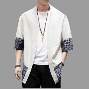 남성용 일본식 기모노 가디건 루즈 코튼 린넨 3/4 슬리브 오픈 프론트 캐주얼 여름 셔츠 자켓
