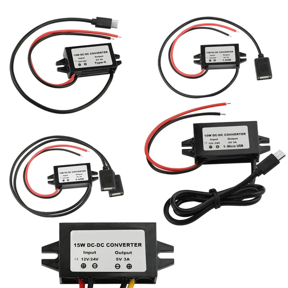 전원 어댑터 컨버터 DC-DC 스텝 다운 모듈 USB-A, 암컷, C타입, 듀얼 USB, 오픈 와이어 커넥터, 방수 CE, 12V, 24V-5V 3A