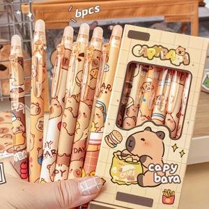 귀여운 카피바라 젤 펜 - 6Pcs Kawaii 펜 세트 빠른 건조 블루 지울 수있는 사무실 학교 Kawaii 미적 문구