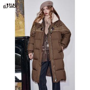 ELFSACK 2025 겨울 신상품 캐주얼 두꺼운 니트 패치워크 플러시 칼라 롱 다운 코트 여성용