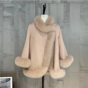 OFTBUY 리얼 폭스 모피 칼라 망토 코트 화이트 울 코트 여성 우아한 리얼 모피 코트 천연 폭스 모피 자켓 2024 Warm Oversize