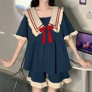 공주 바람 잠옷, 귀여운 여성 홈웨어, 세트 인형 칼라, 소녀 잠옷, 귀여운 원피스, 단색 반팔, 2 개 세트