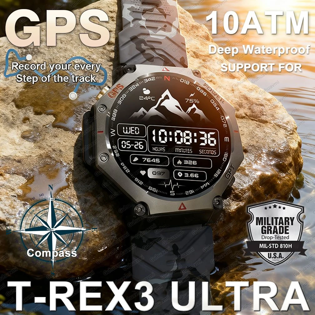 T-Rex 3 울트라 밀리터리 등급 GPS 스마트 워치 10ATM 방수 나침반 고도계 기압계 AMOLED 남성용 HD 통화 스포츠 스마트워치