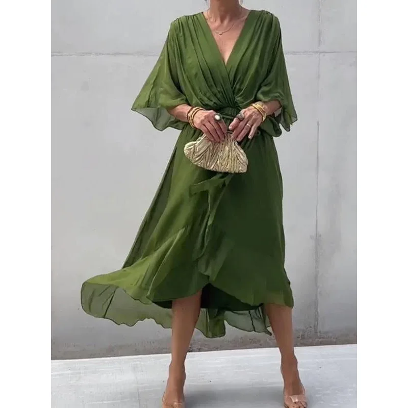 우아한 여성용 녹색 레이스 업 반팔 원피스, 용수철 및 여름 유행 박쥐 소매, 쉬폰 브이넥 불규칙 드레스