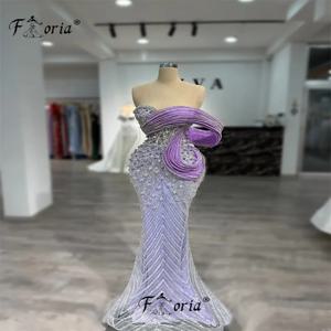 럭셔리 구슬 진주 무도회 드레스, 맞춤형 라이트 퍼플 스팽글, 인어 이브닝 파티 원피스, 웨딩 하객 드레스, 2025