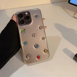 3D 만화 귀여운 컬러 보석 라인스톤 폰 케이스 아이폰 17 16 15 14 17 13 12 11 Pro Max 블링 글리터 투명 백커버