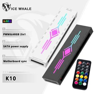 ICE Whale K10 1대10 PWM&ARGB 케이스 팬 허브 SATA 전원 인터페이스 스플리터 4핀 PWM 3핀 어드레서블 ARGB 리모컨 포함