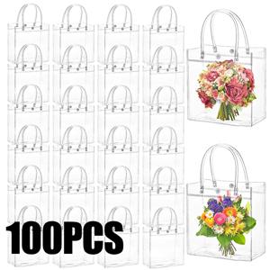 10-100개 투명 플라스틱 선물 가방 손잡이 포함, 재사용 가능한 토트백 PVC 구디백, 웨딩 파티 용품