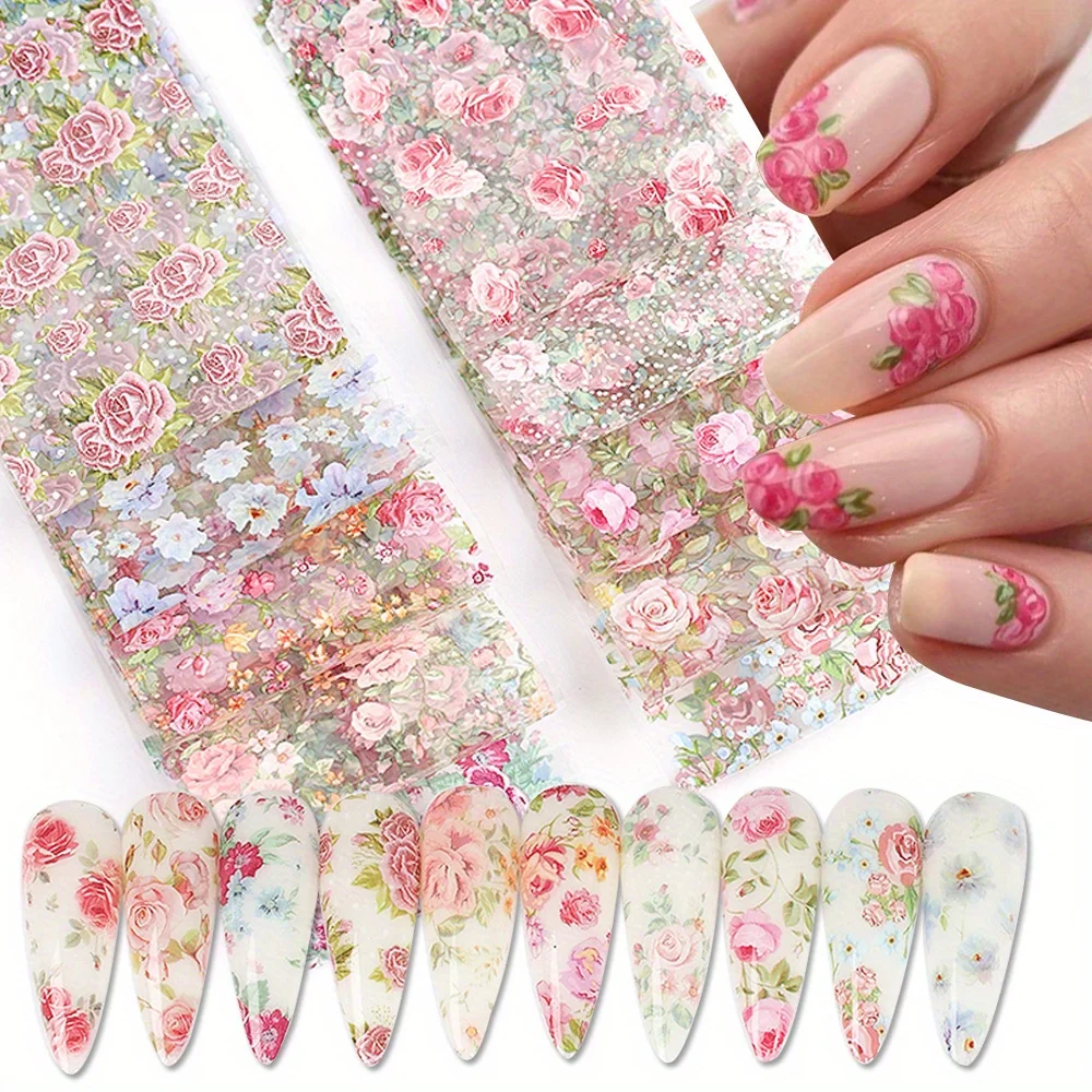 10PCS 혼합 네일 아트 포일 전송 스티커 세트 장미 꽃 디자인 꽃 별이 빛나는 하늘 네일 랩 웨딩 여름 매니큐어 장식
