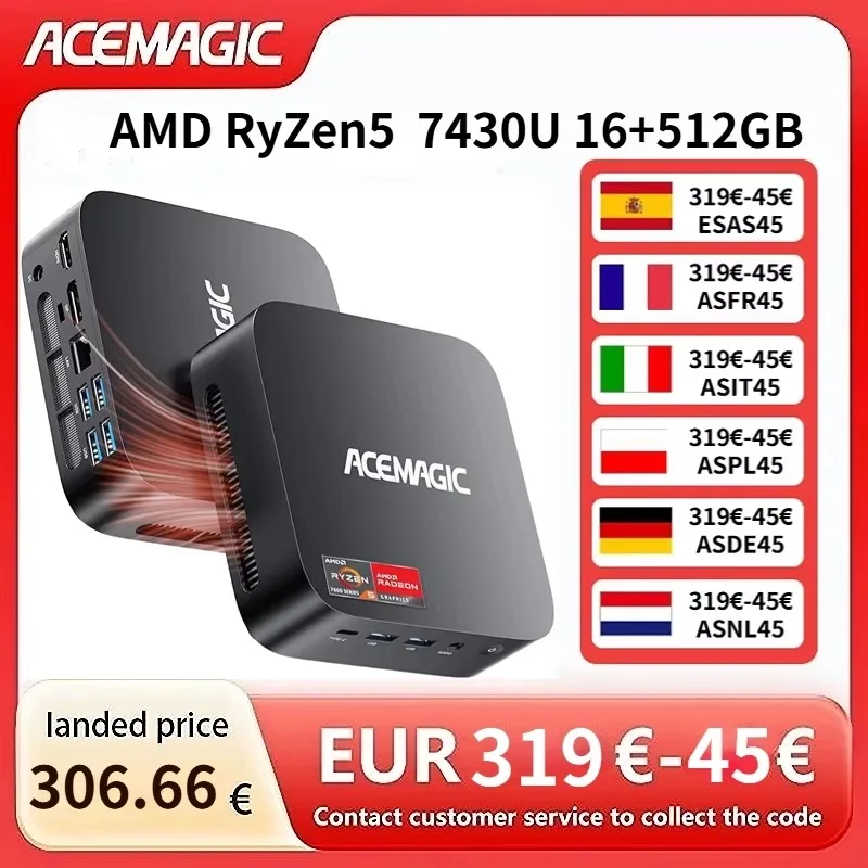 ACEMAGIC 미니 PC AMD Ryzen 5 7430U/7 7730U 16GB LPDDR4X 512GB SSD 미니 PC 윈도우 11 PRO 미니 컴퓨터 Wifi6 트리플 디스플레이 PC