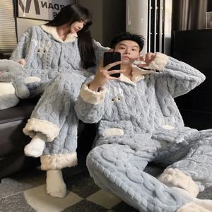 남성용 산호 양털 잠옷 두꺼운 플란넬 홈웨어 세트 커플 디자인 가을 겨울 따뜻한 긴팔 잠옷