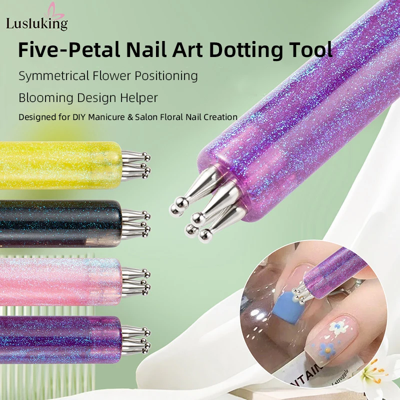 DIY 네일 아트 5-페탈 도팅 툴 플라워 크리에이터 1.8mm 파인 팁 라인스톤 픽커 글리터 핸들 매니큐어 네일 도구 브러쉬