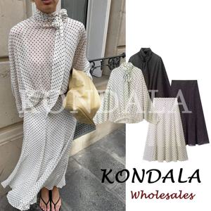 KONDALA 세련된 여성 캐주얼 폴카 도트 슈트 보우 루즈 우아한 셔츠 + 드레이프 롱 미디 스커트 패션 2026 streetwear 여성 세트