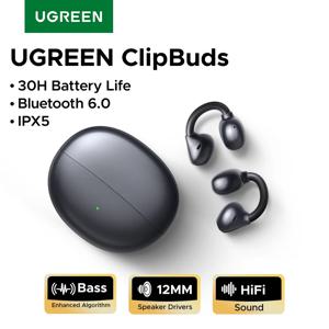 UGREEN 클립버즈 오픈 이어 무선 헤드폰 블루투스 6.0, 4개의 마이크로 선명한 통화, 이어버드 클립형 이어폰, 30시간 재생